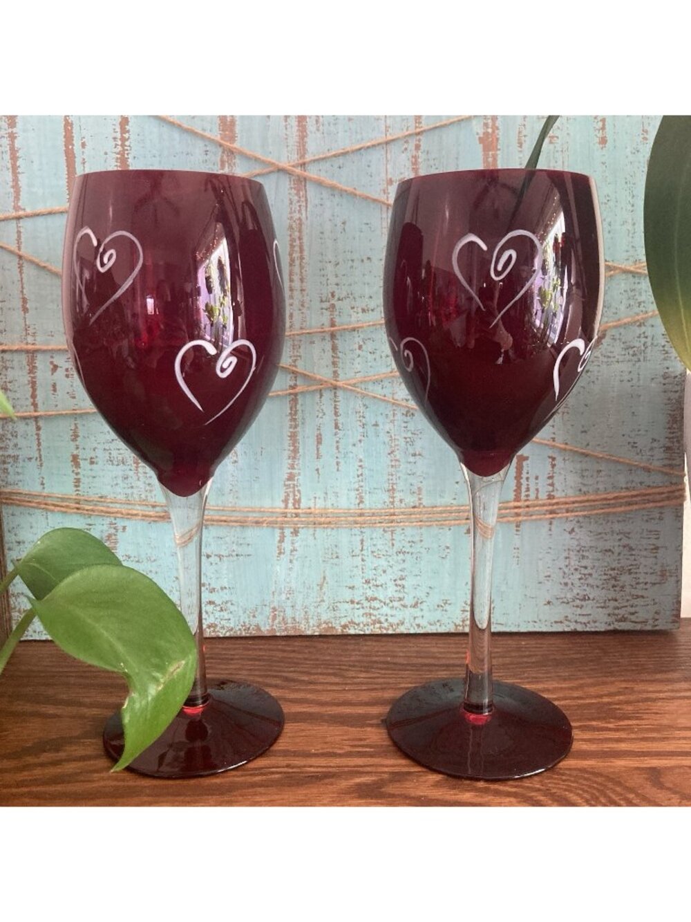 Pair Ruby Red Valentine’s Wedding Wine Glasses Hand Painted White Hearts
